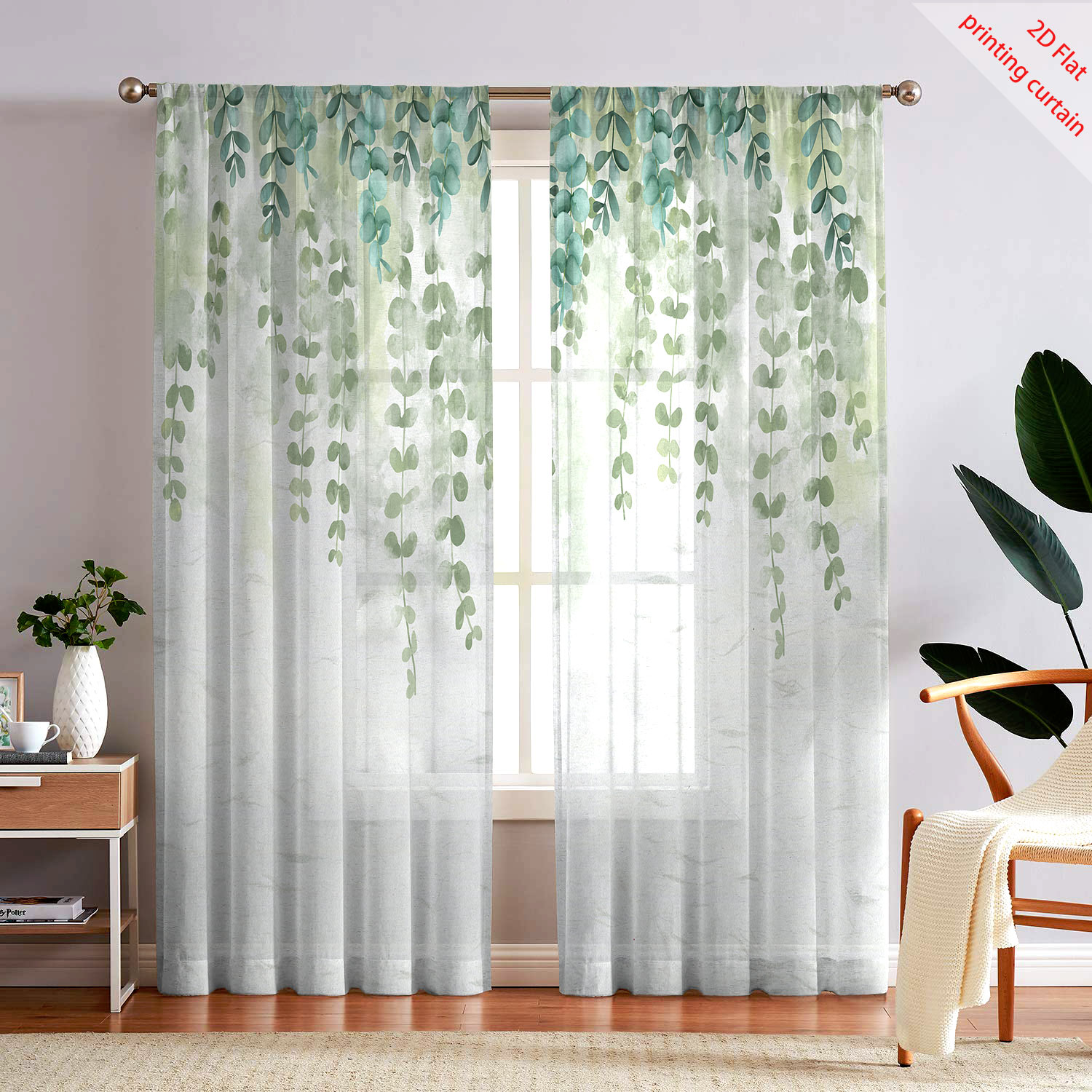 Home Office With Plants - Tirai kasa transparan bermotif tanaman, bunga,