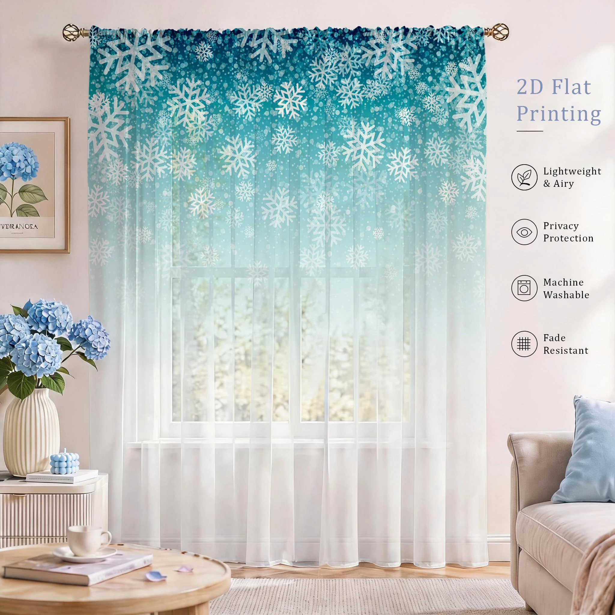 Home Office With Plants - Tirai Transparan Gradasi Bunga, Voile Berkualitas