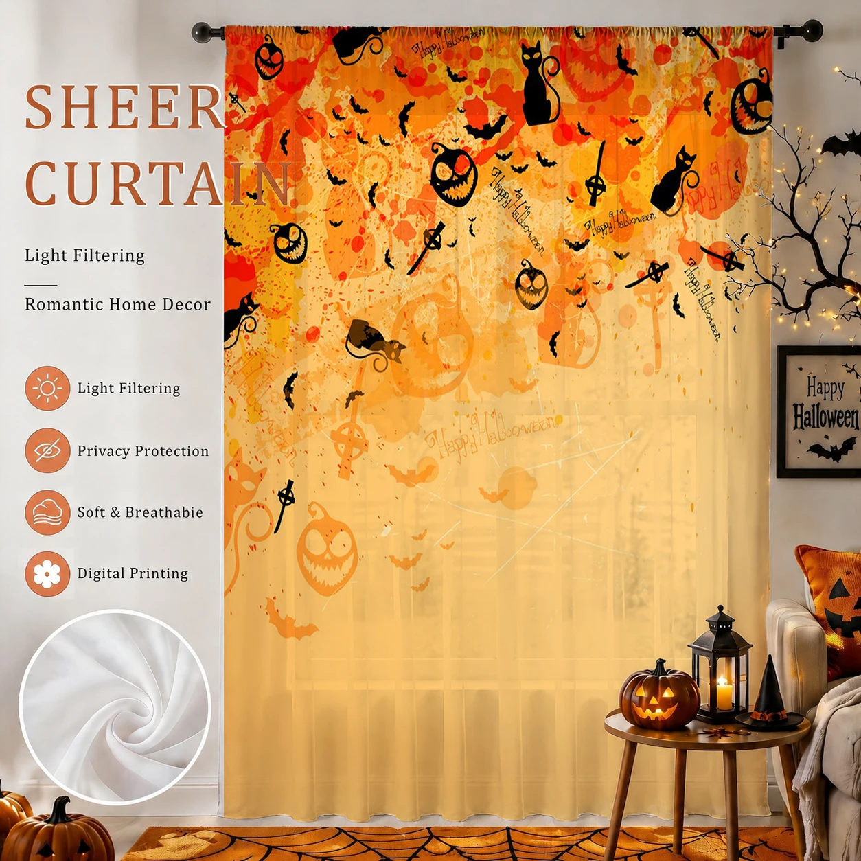 Home Office With Plants - 1Pc Tirai Tipis Halloween Seram dengan