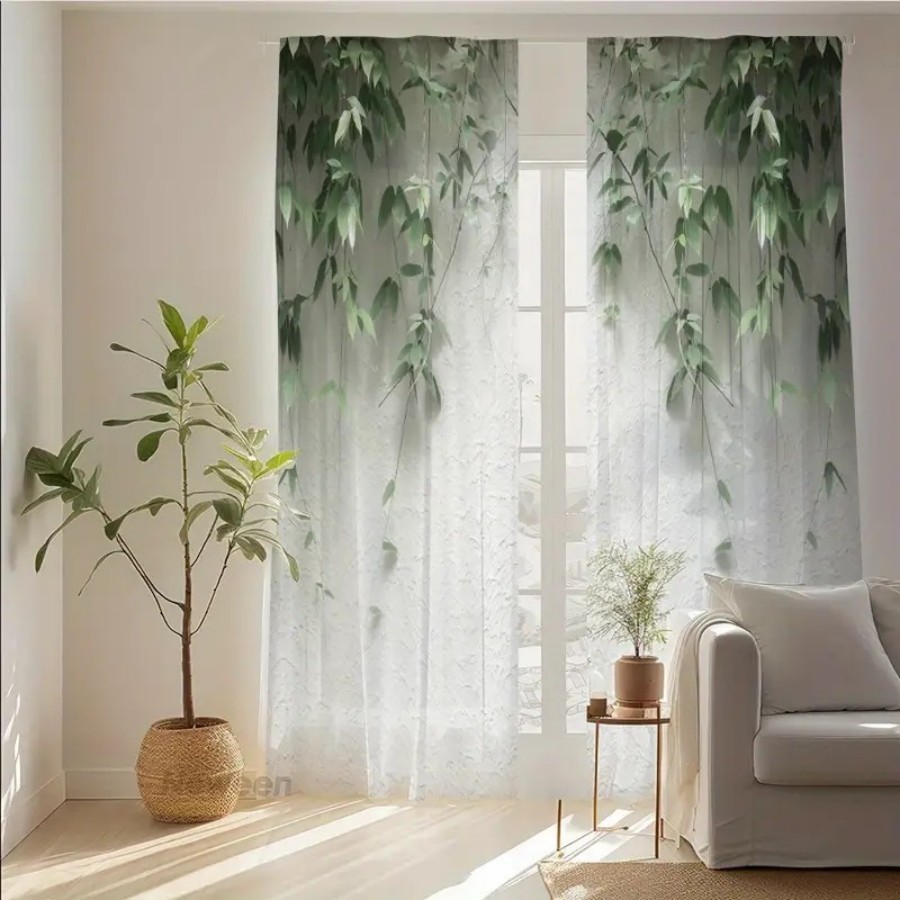 Home Office Minimalist - 2PCS Tirai Transparan Cetak Digital, Daun