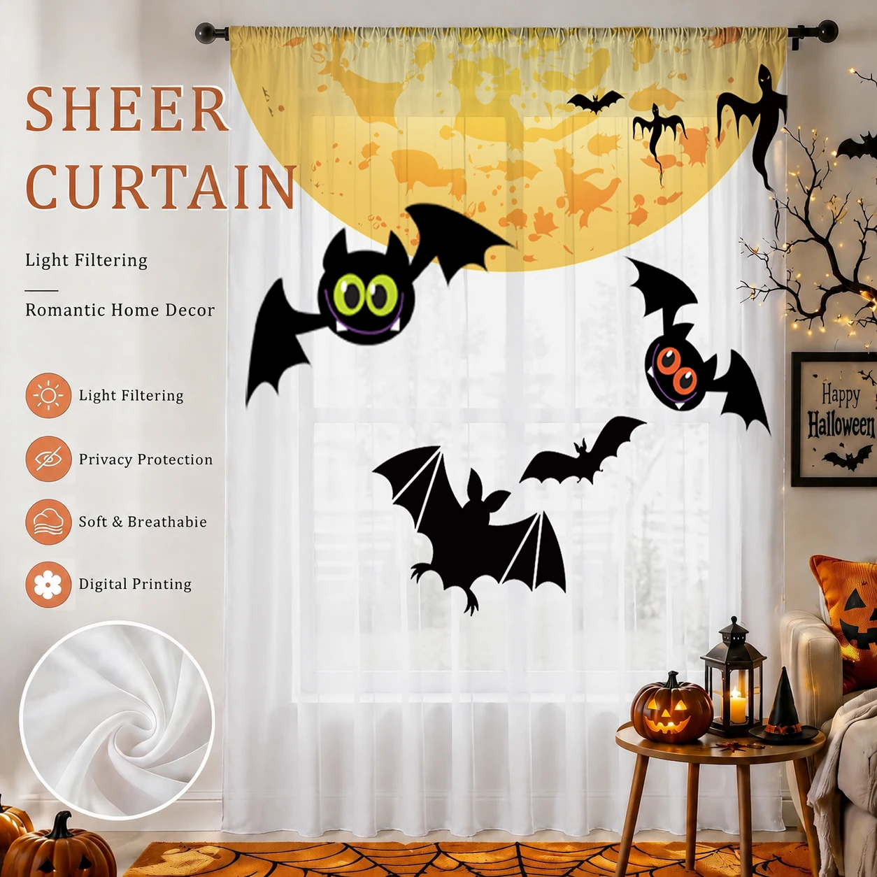 Home Office With Plants - Tirai Transparan Gradien Hari Halloween, Voile